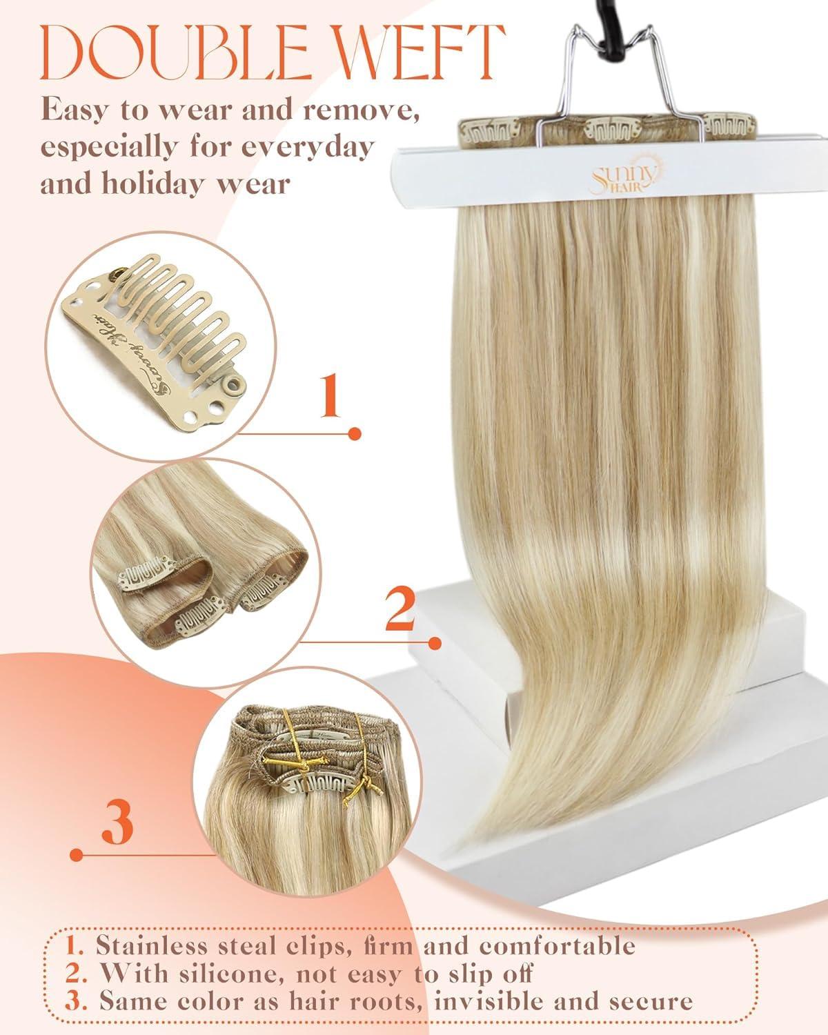 imageSunny Hair Clip in Hair Extensions Real Human Hair 120g Remy Hair Clip in Extensions for Women Human Hair Extensions Black Ombre Brown Balayage Caramel Blonde 24 InchA2 BlondeP27613Honey Blonde Highlight