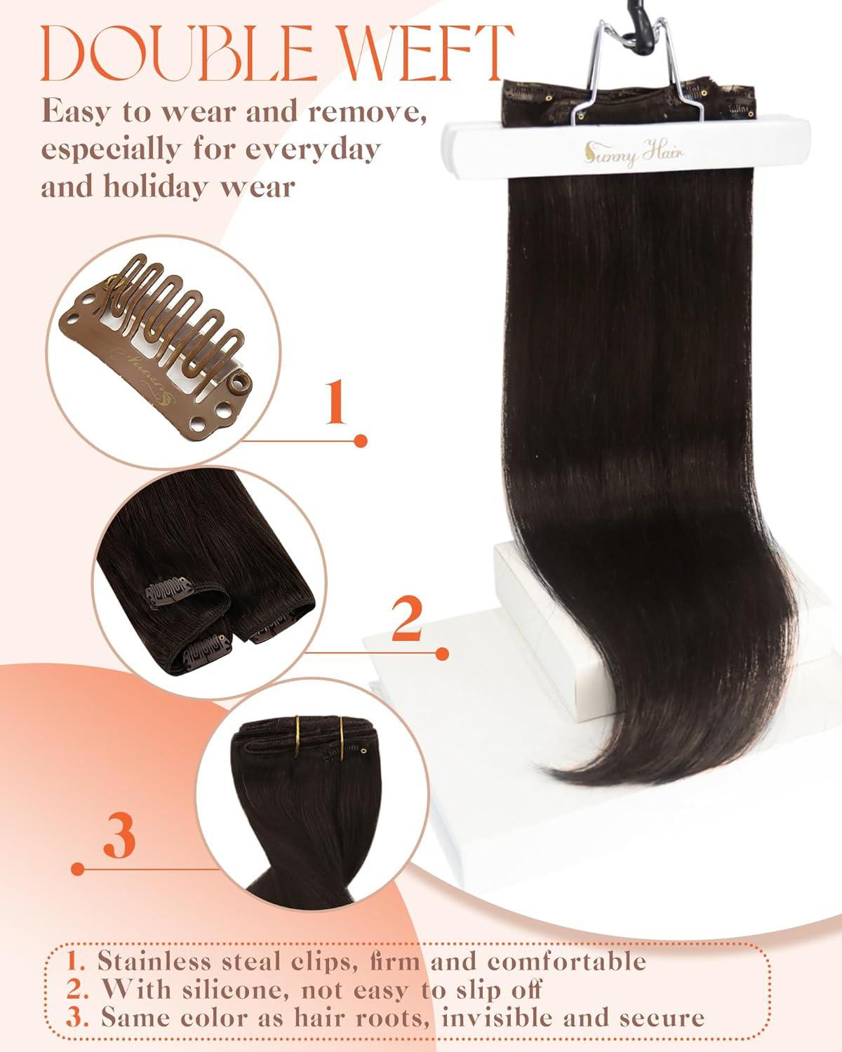 imageSunny Hair Clip in Hair Extensions Real Human Hair 120g Remy Hair Clip in Extensions for Women Human Hair Extensions Black Ombre Brown Balayage Caramel Blonde 24 InchA5 2Dark Brown