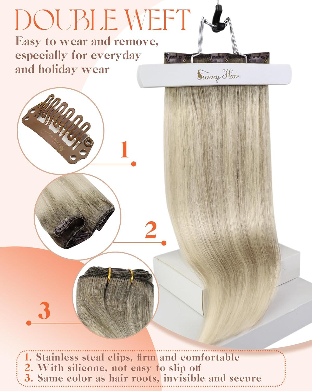 imageSunny Hair Clip in Hair Extensions Real Human Hair 120g Remy Hair Clip in Extensions for Women Human Hair Extensions Black Ombre Brown Balayage Caramel Blonde 24 InchA8 Balayage186060ACool Blonde Mix