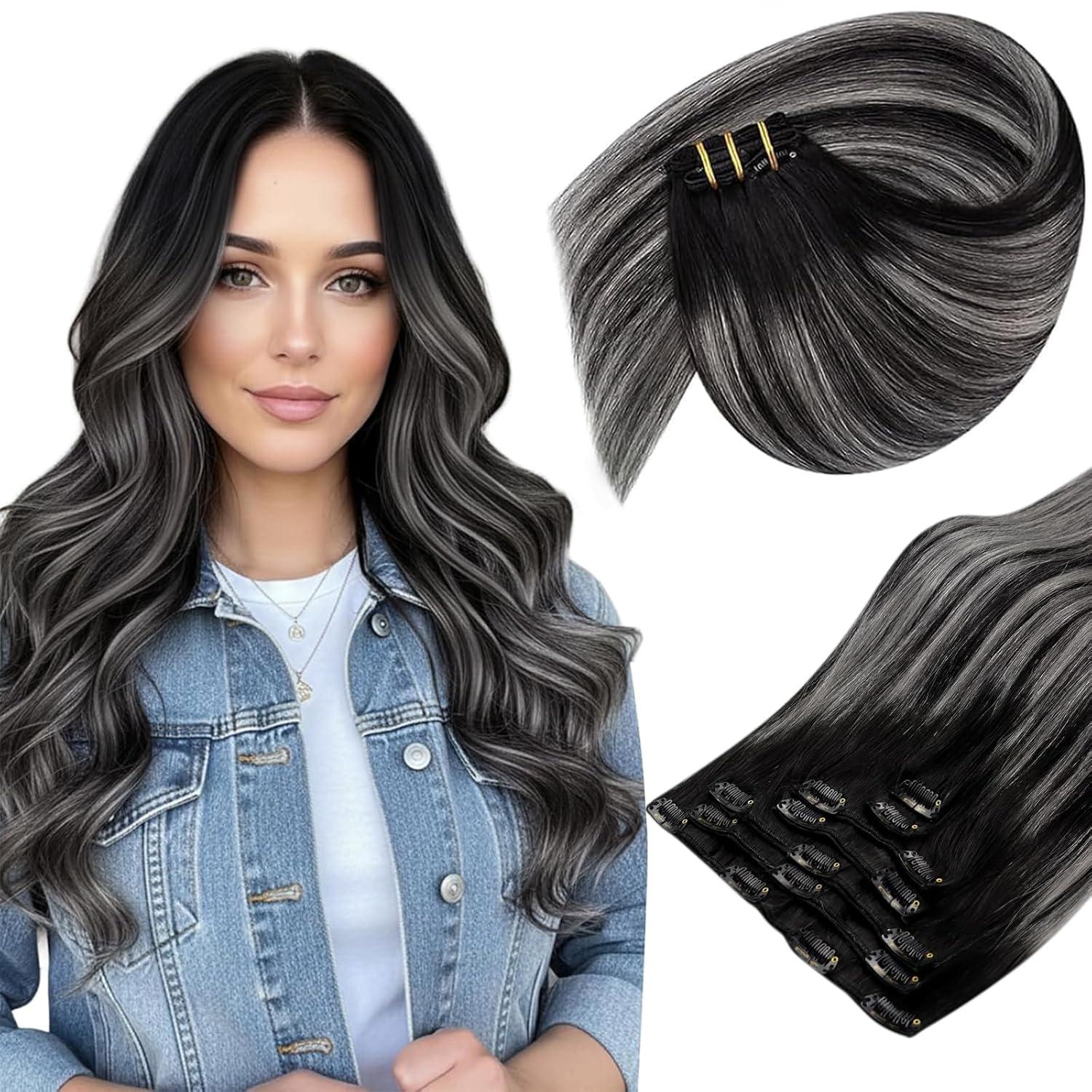 imageSunny Hair Clip in Hair Extensions Real Human Hair 120g Remy Hair Clip in Extensions for Women Human Hair Extensions Black Ombre Brown Balayage Caramel Blonde 24 InchA4 Ombre1BSilverBlack Roots to Silver