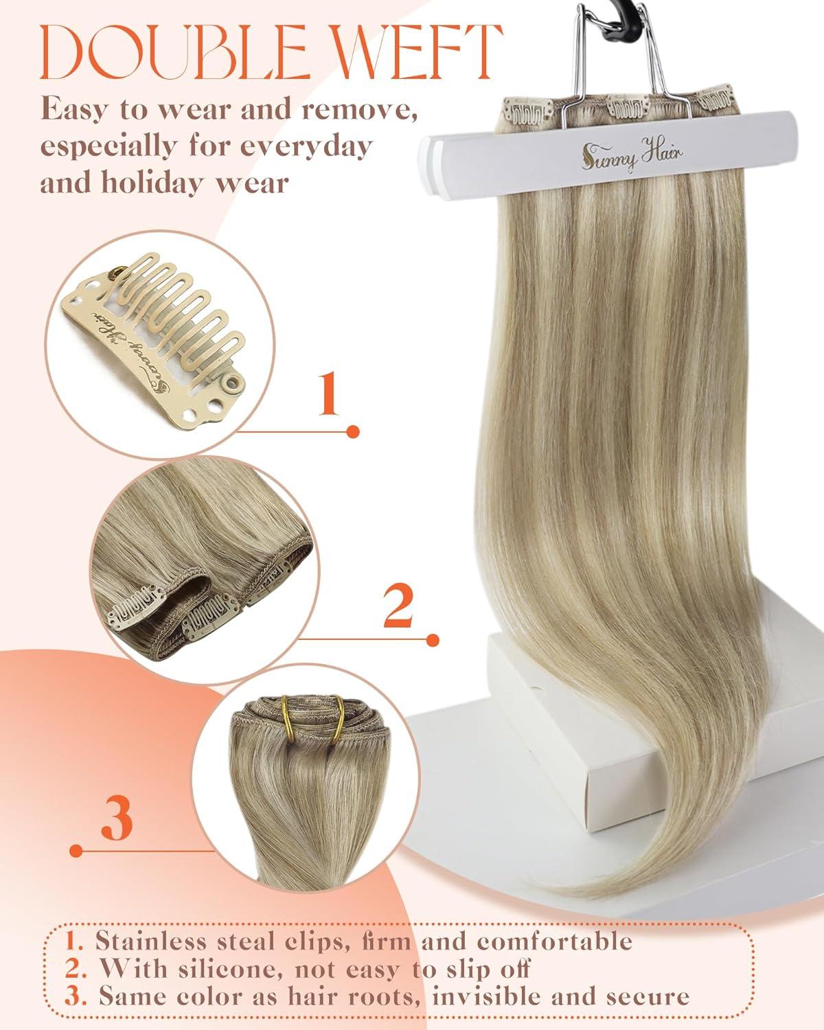 imageSunny Hair Clip in Hair Extensions Real Human Hair 120g Remy Hair Clip in Extensions for Women Human Hair Extensions Black Ombre Brown Balayage Caramel Blonde 24 InchA1 P1622Golden Blonde Highlights