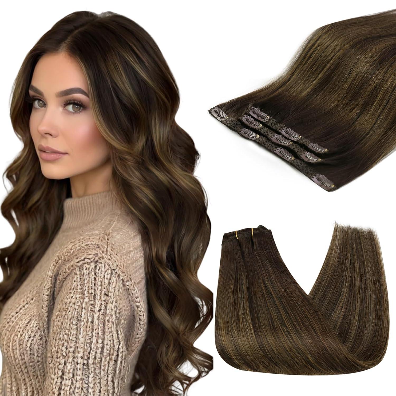 imageSunny Hair Clip in Hair Extensions Real Human Hair 120g Remy Hair Clip in Extensions for Women Human Hair Extensions Black Ombre Brown Balayage Caramel Blonde 24 InchA5 Balayage262Dark Brown Mix