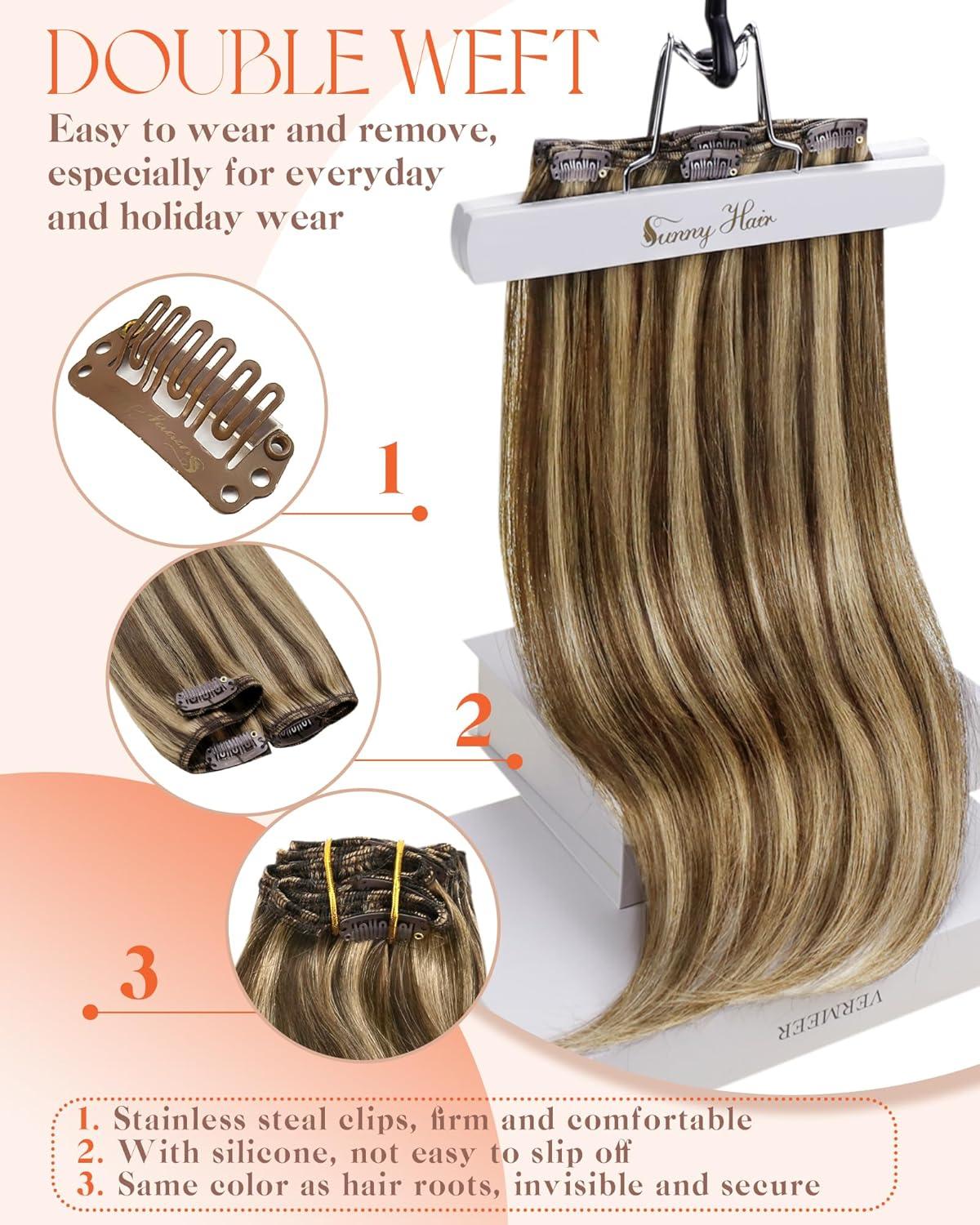 imageSunny Hair Clip in Hair Extensions Real Human Hair 120g Remy Hair Clip in Extensions for Women Human Hair Extensions Black Ombre Brown Balayage Caramel Blonde 24 InchA9 BrownP427Chocolate Brown Highlight