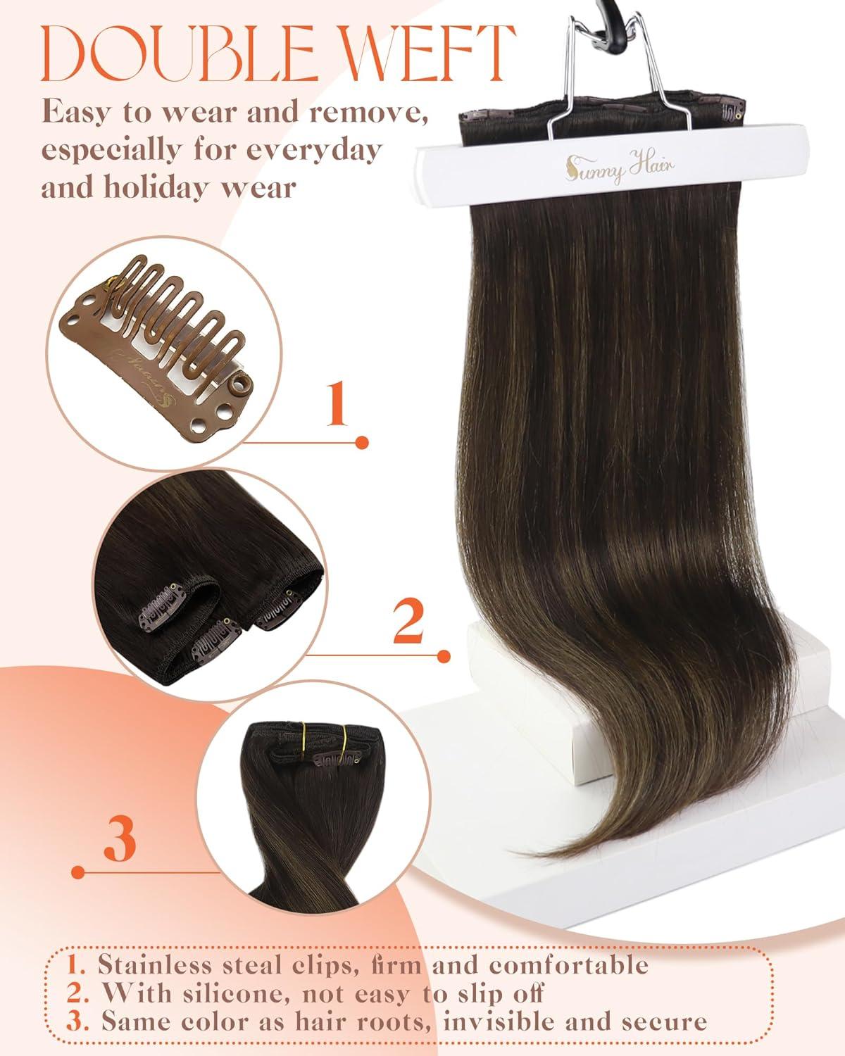 imageSunny Hair Clip in Hair Extensions Real Human Hair 120g Remy Hair Clip in Extensions for Women Human Hair Extensions Black Ombre Brown Balayage Caramel Blonde 24 InchA5 Balayage262Dark Brown Mix