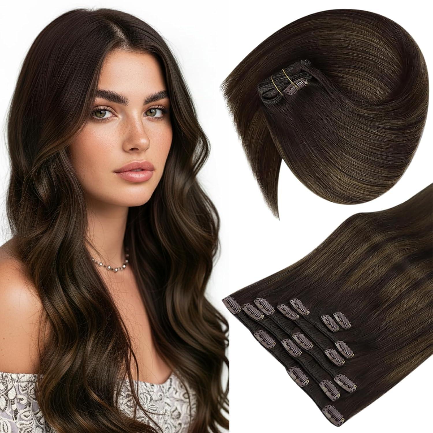 imageSunny Hair Clip in Hair Extensions Real Human Hair 120g Remy Hair Clip in Extensions for Women Human Hair Extensions Black Ombre Brown Balayage Caramel Blonde 24 InchA5 Balayage262Dark Brown Mix