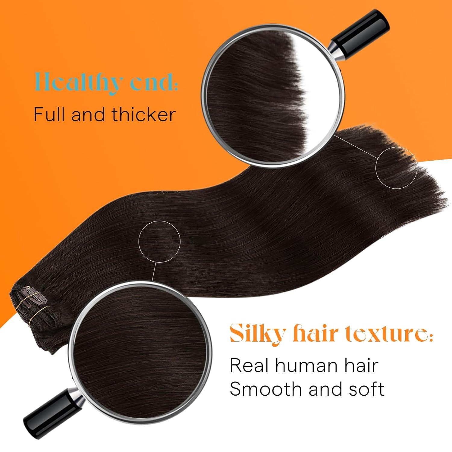 imageSunny Hair Clip in Hair Extensions Real Human Hair 120g Remy Hair Clip in Extensions for Women Human Hair Extensions Black Ombre Brown Balayage Caramel Blonde 24 InchA5 2Dark Brown