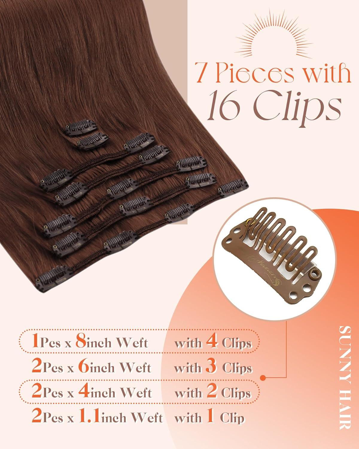 imageSunny Hair Clip in Hair Extensions Real Human Hair 120g Remy Hair Clip in Extensions for Women Human Hair Extensions Black Ombre Brown Balayage Caramel Blonde 24 InchA6 33Dark Auburn Red
