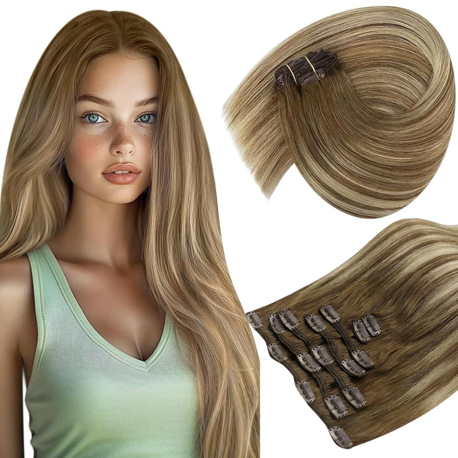 imageSunny Hair Clip in Hair Extensions Real Human Hair 120g Remy Hair Clip in Extensions for Women Human Hair Extensions Black Ombre Brown Balayage Caramel Blonde 24 InchA7 Balayage6606Chestnut Brown Mix