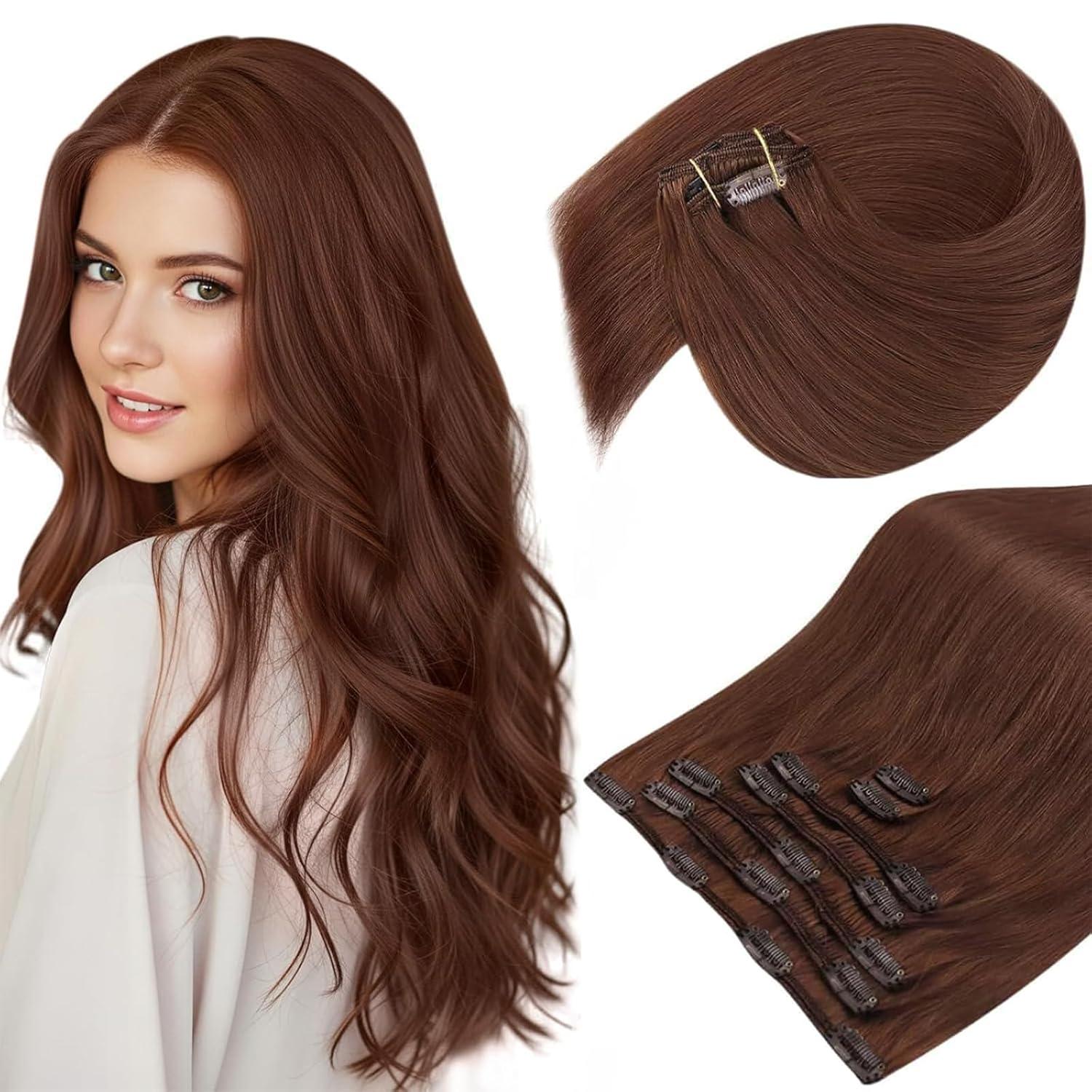 imageSunny Hair Clip in Hair Extensions Real Human Hair 120g Remy Hair Clip in Extensions for Women Human Hair Extensions Black Ombre Brown Balayage Caramel Blonde 24 InchA6 33Dark Auburn Red
