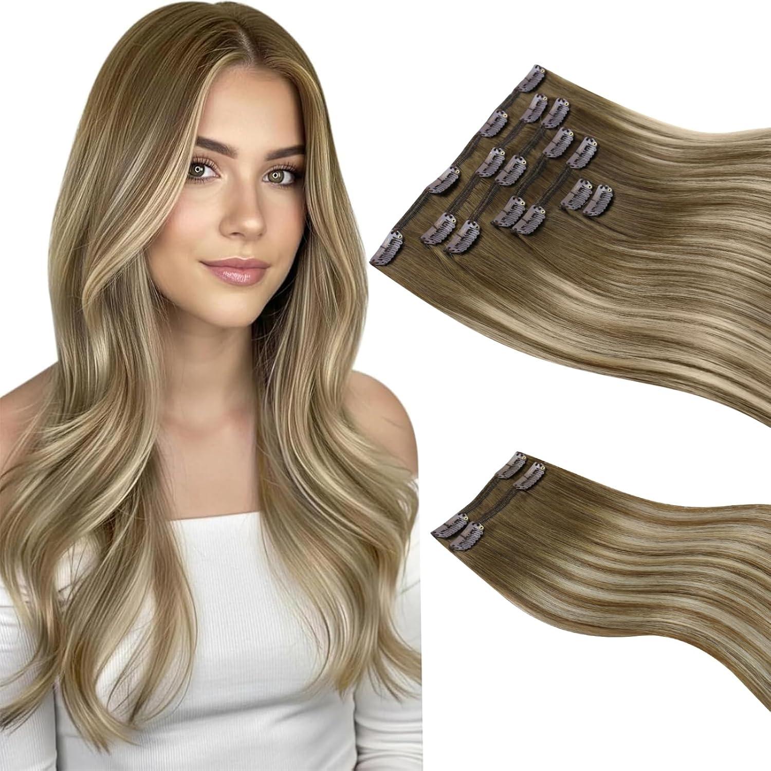 imageSunny Hair Clip in Hair Extensions Real Human Hair 120g Remy Hair Clip in Extensions for Women Human Hair Extensions Black Ombre Brown Balayage Caramel Blonde 24 InchA7 Balayage3822Walnut Brown Mix