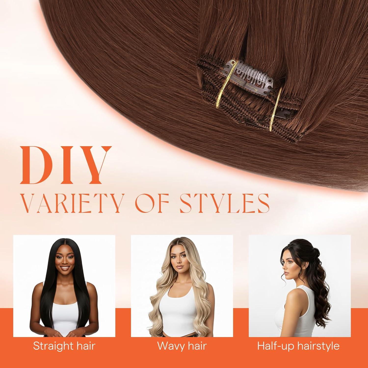 imageSunny Hair Clip in Hair Extensions Real Human Hair 120g Remy Hair Clip in Extensions for Women Human Hair Extensions Black Ombre Brown Balayage Caramel Blonde 24 InchA6 33Dark Auburn Red