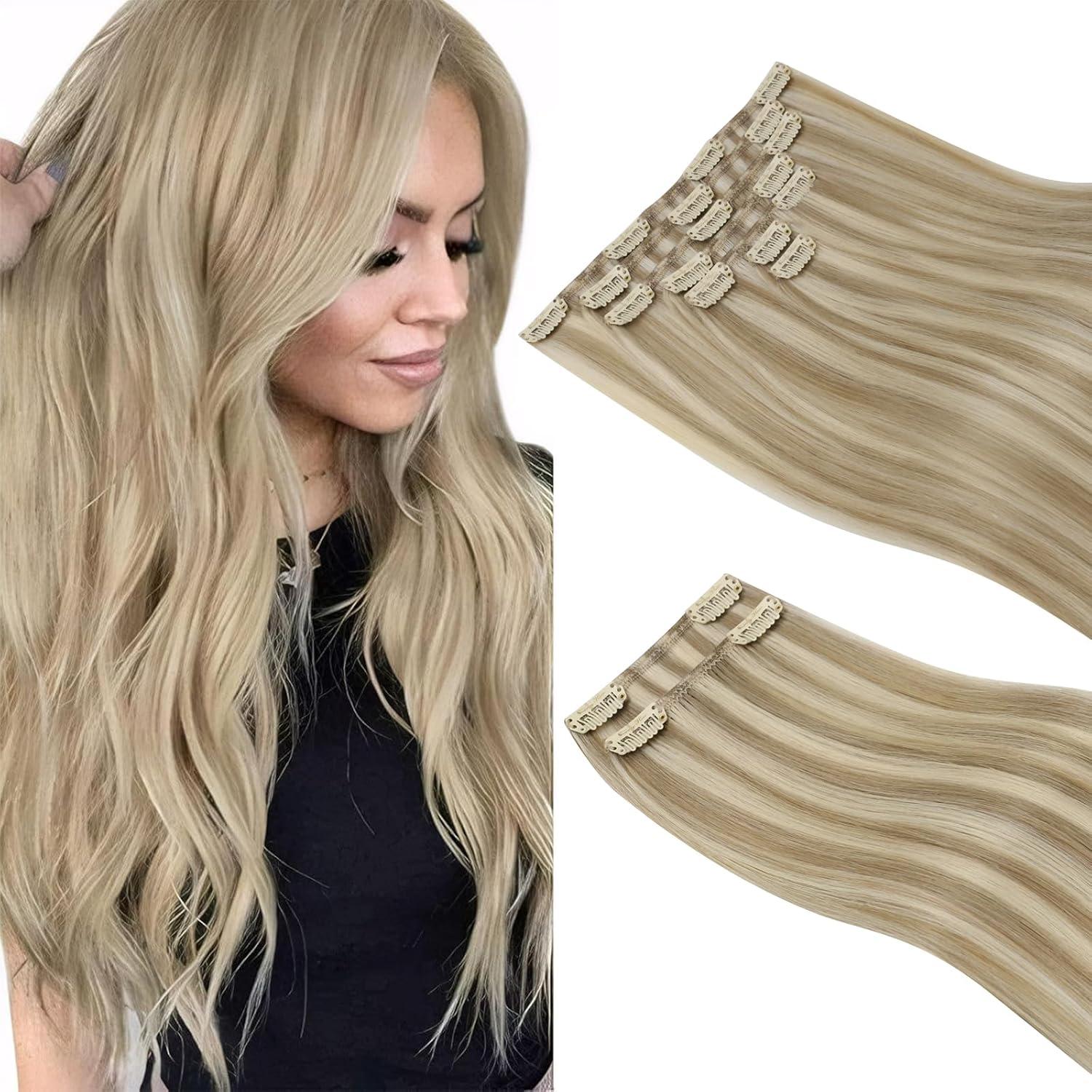 imageSunny Hair Clip in Hair Extensions Real Human Hair 120g Remy Hair Clip in Extensions for Women Human Hair Extensions Black Ombre Brown Balayage Caramel Blonde 24 InchA1 P1622Golden Blonde Highlights