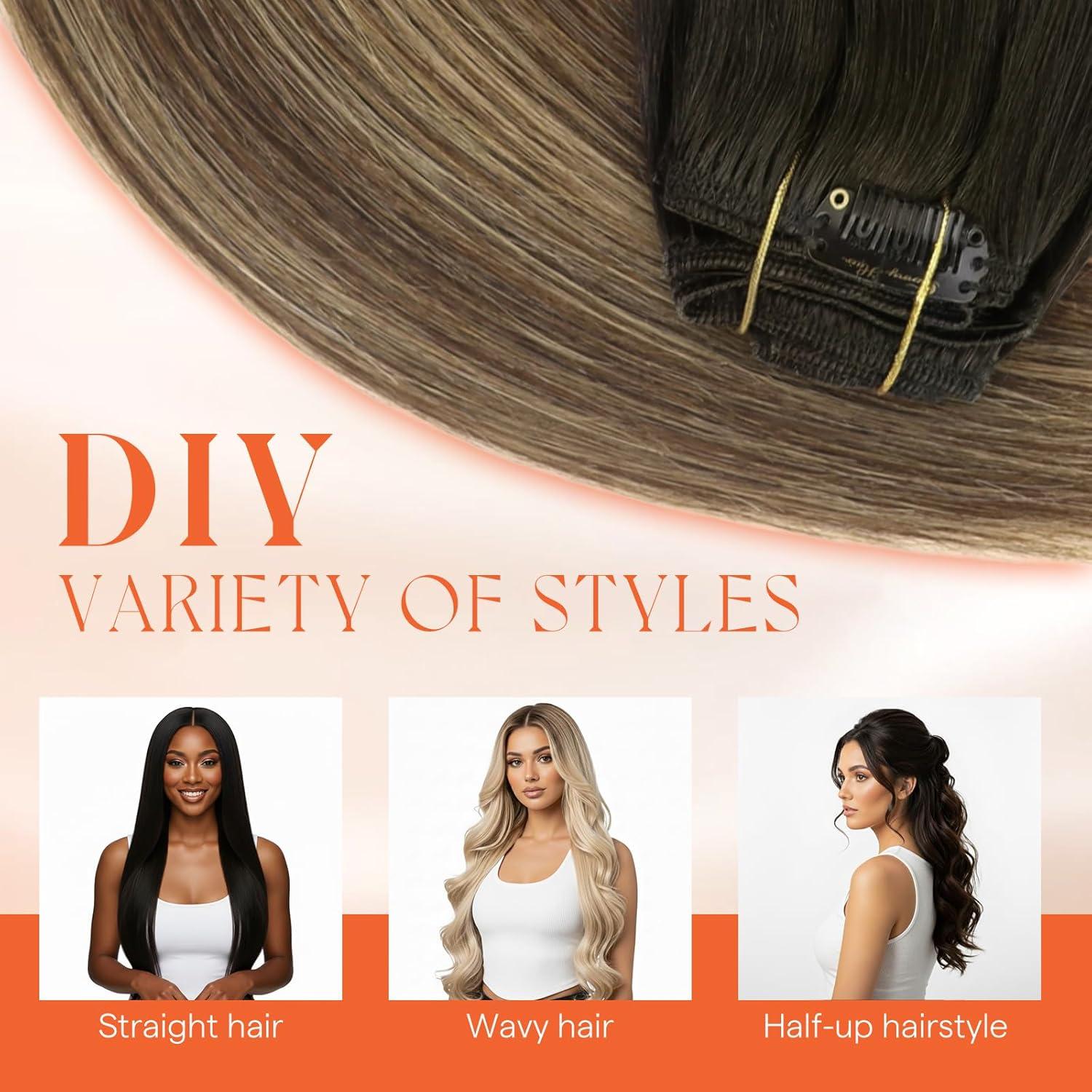 imageSunny Hair Clip in Hair Extensions Real Human Hair 120g Remy Hair Clip in Extensions for Women Human Hair Extensions Black Ombre Brown Balayage Caramel Blonde 24 InchA4 Ombre1B427Black Roots to Brown