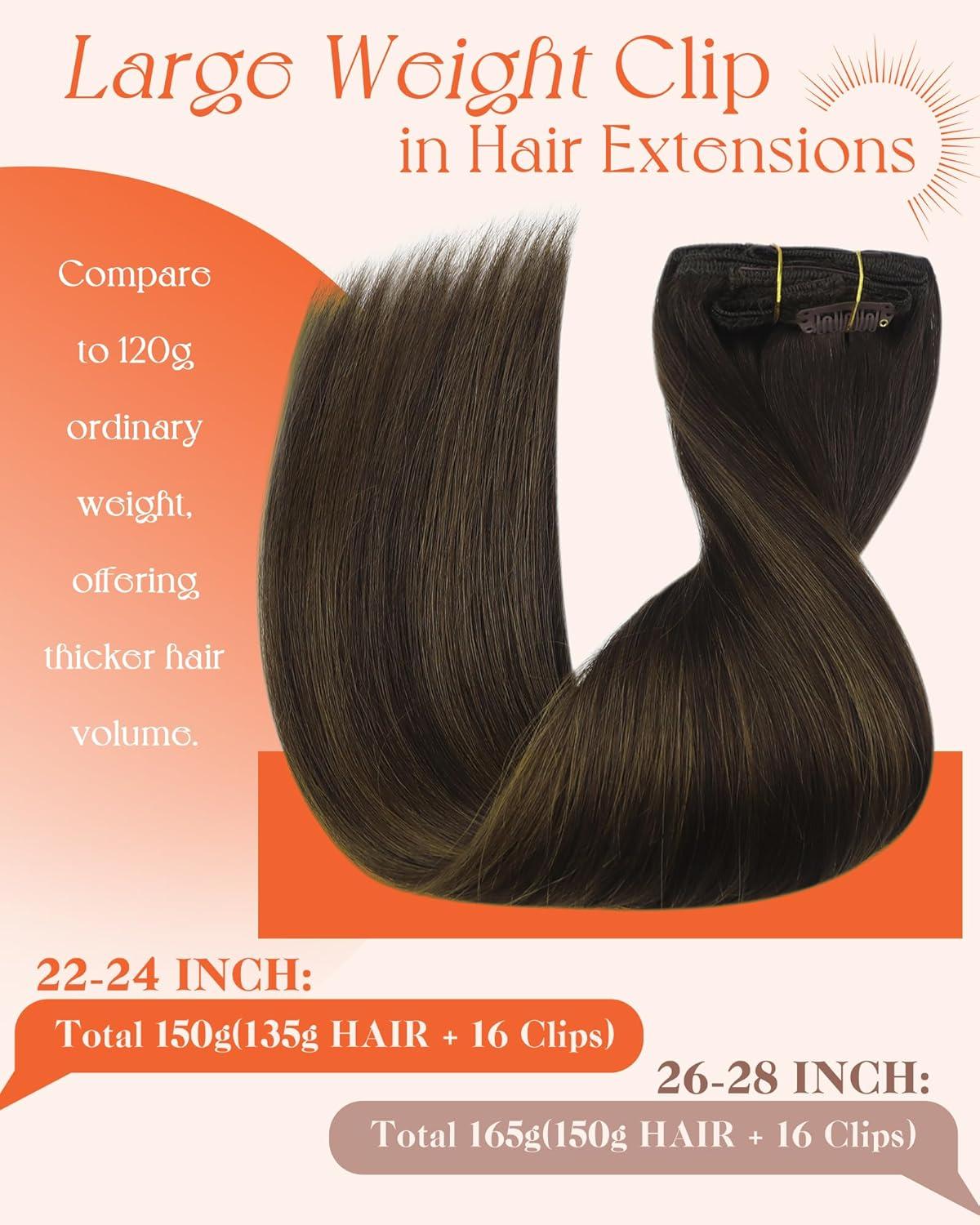 imageSunny Hair Clip in Hair Extensions Real Human Hair 120g Remy Hair Clip in Extensions for Women Human Hair Extensions Black Ombre Brown Balayage Caramel Blonde 24 InchA5 Balayage262Dark Brown Mix