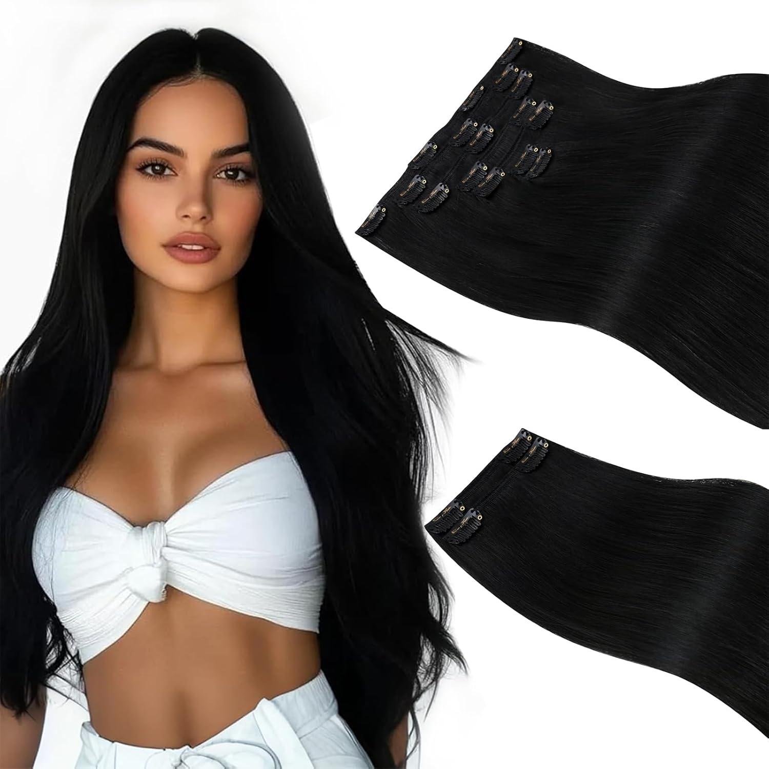 imageSunny Hair Clip in Hair Extensions Real Human Hair 120g Remy Hair Clip in Extensions for Women Human Hair Extensions Black Ombre Brown Balayage Caramel Blonde 24 InchA3 1Jet Black