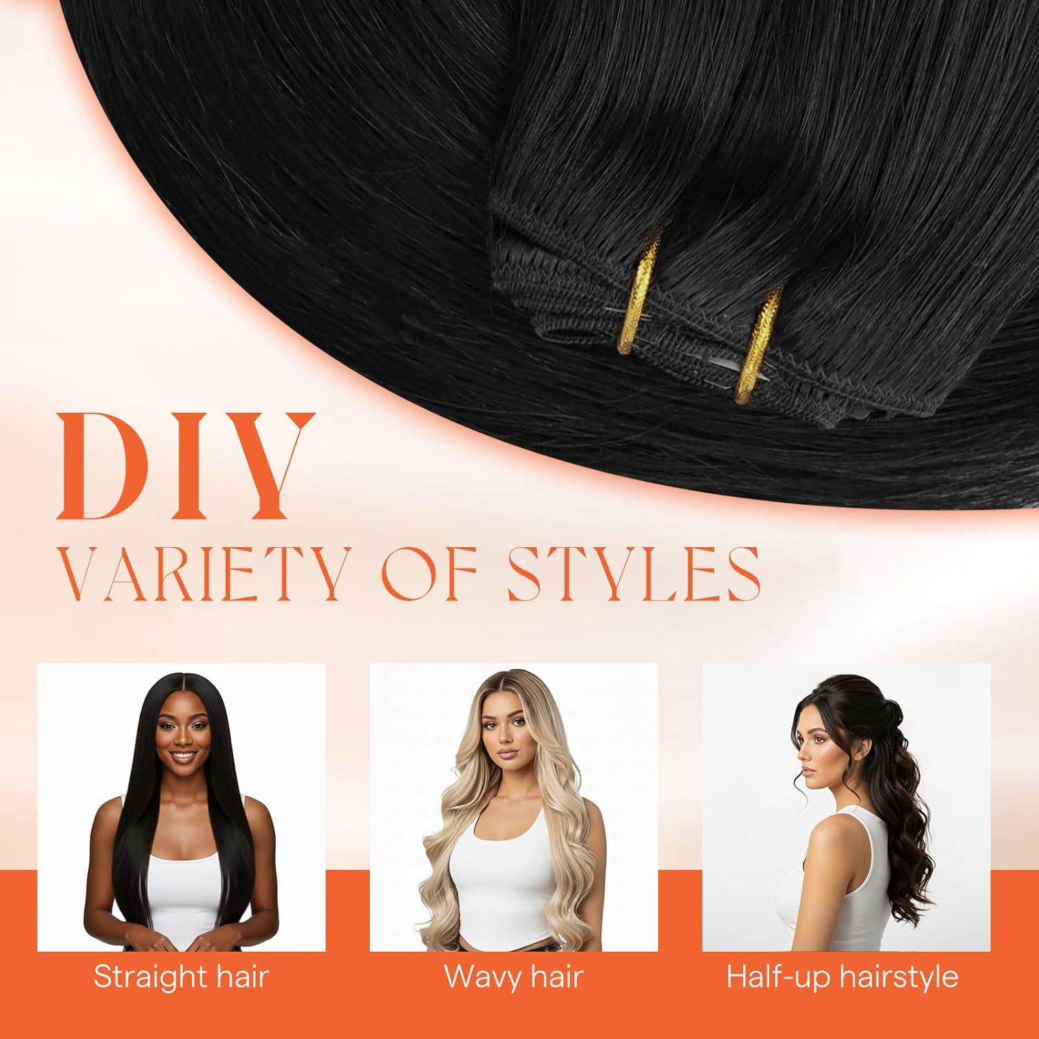 imageSunny Hair Clip in Hair Extensions Real Human Hair 120g Remy Hair Clip in Extensions for Women Human Hair Extensions Black Ombre Brown Balayage Caramel Blonde 24 InchA4 1BNatural Black