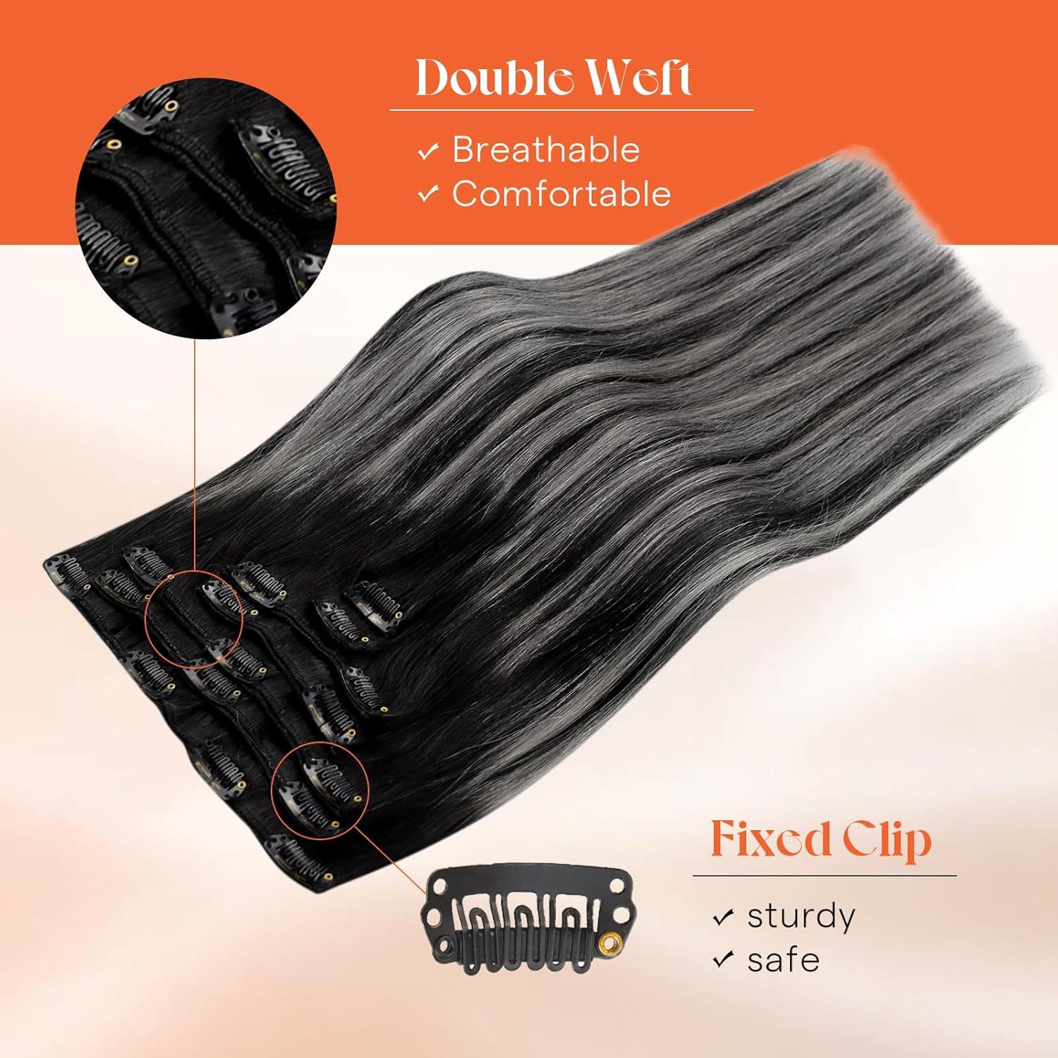imageSunny Hair Clip in Hair Extensions Real Human Hair 120g Remy Hair Clip in Extensions for Women Human Hair Extensions Black Ombre Brown Balayage Caramel Blonde 24 InchA4 Ombre1BSilverBlack Roots to Silver