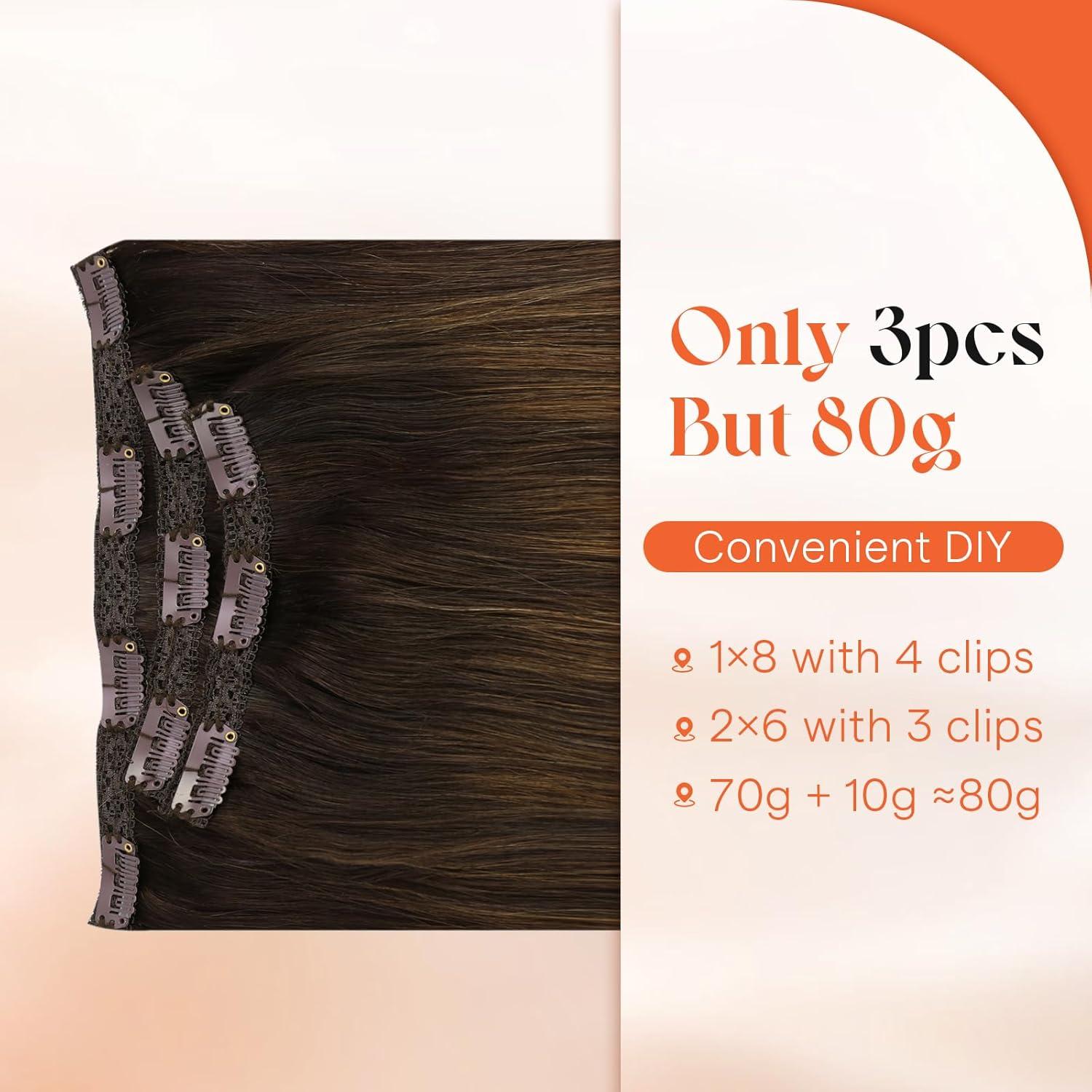imageSunny Hair Clip in Hair Extensions Real Human Hair 120g Remy Hair Clip in Extensions for Women Human Hair Extensions Black Ombre Brown Balayage Caramel Blonde 24 InchA5 Balayage262Dark Brown Mix