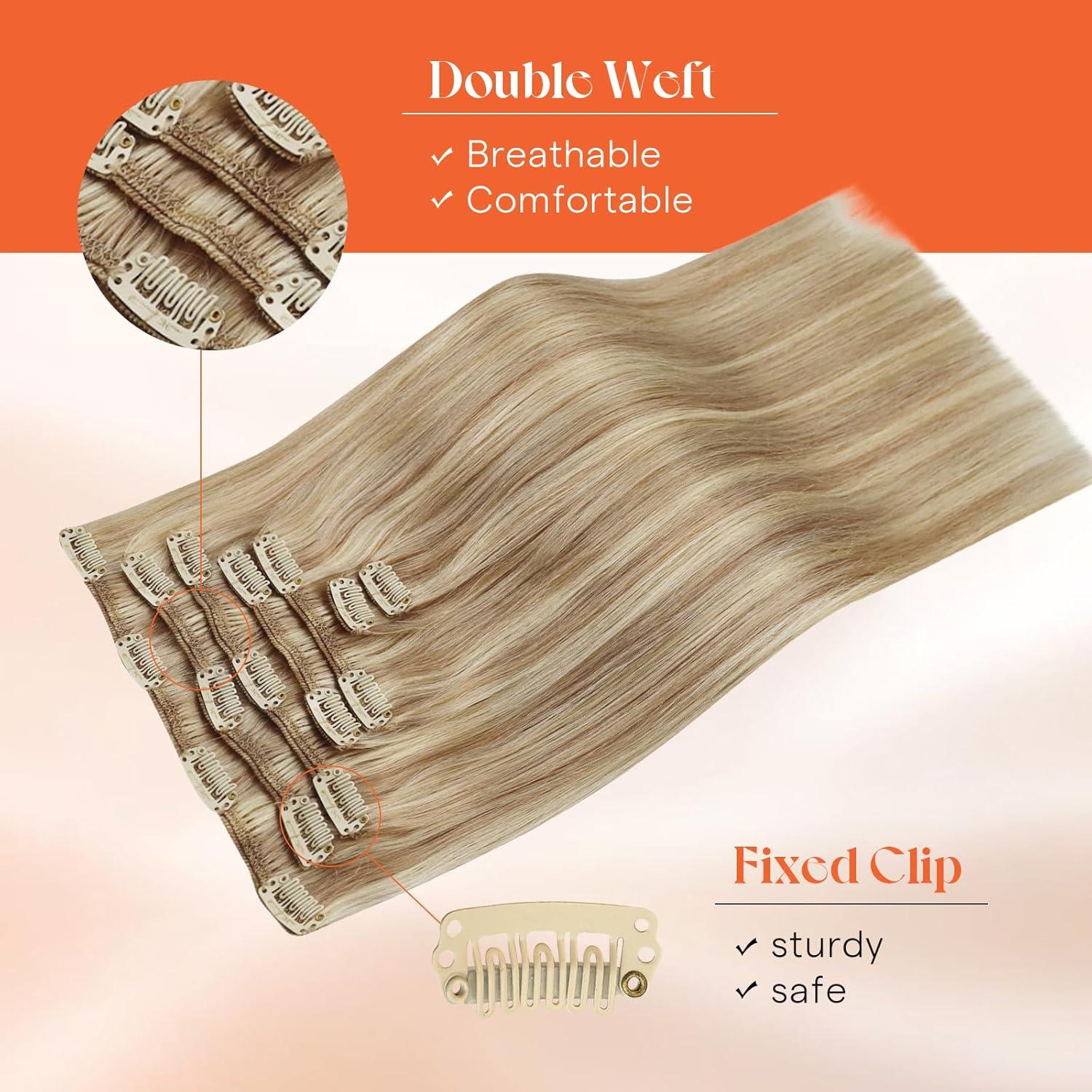 imageSunny Hair Clip in Hair Extensions Real Human Hair 120g Remy Hair Clip in Extensions for Women Human Hair Extensions Black Ombre Brown Balayage Caramel Blonde 24 InchA2 BlondeP1060Dark Golden Blonde Highlights