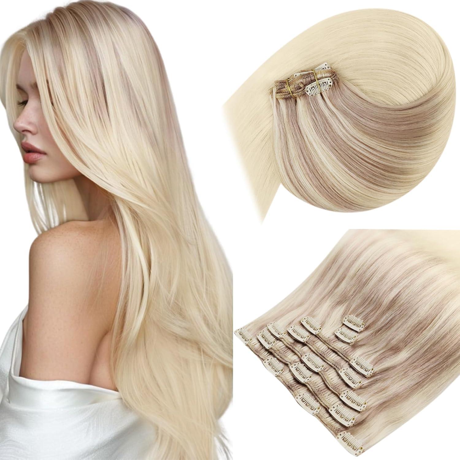 imageSunny Hair Clip in Hair Extensions Real Human Hair 120g Remy Hair Clip in Extensions for Women Human Hair Extensions Ombre Walnut Brown to Light Brown Balayage Blonde 24 InchA8 Ombre182260Nordic Ash Blonde Mix