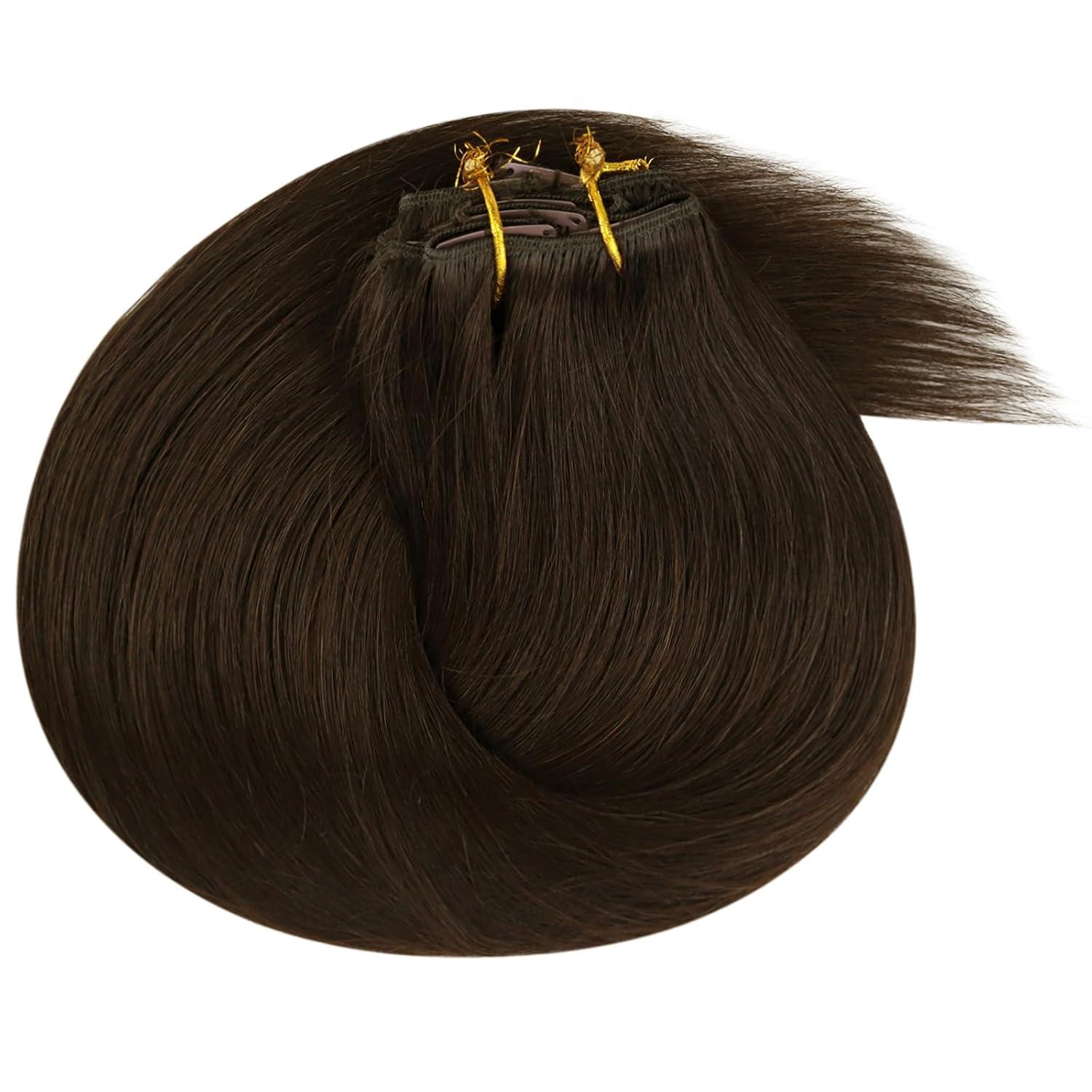 imageVe Sunny Human Hair Clip in Extensions Double Weft Ginger Copper Clip on Hair Extensions for Women Short Hair Extensions Real Human Hair 7pcs 14 Inch 105gClip7 4 Medium Dark Brown