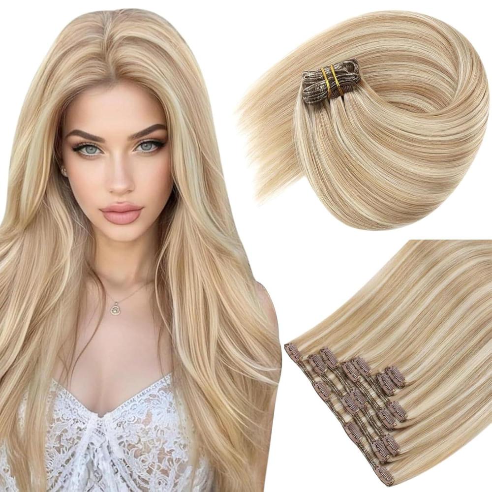 imageSunny Hair Clip in Hair Extensions Real Human Hair 105g Remy Hair Clip in Extensions for Women Human Hair Extensions Highlights Blonde 14 Inch