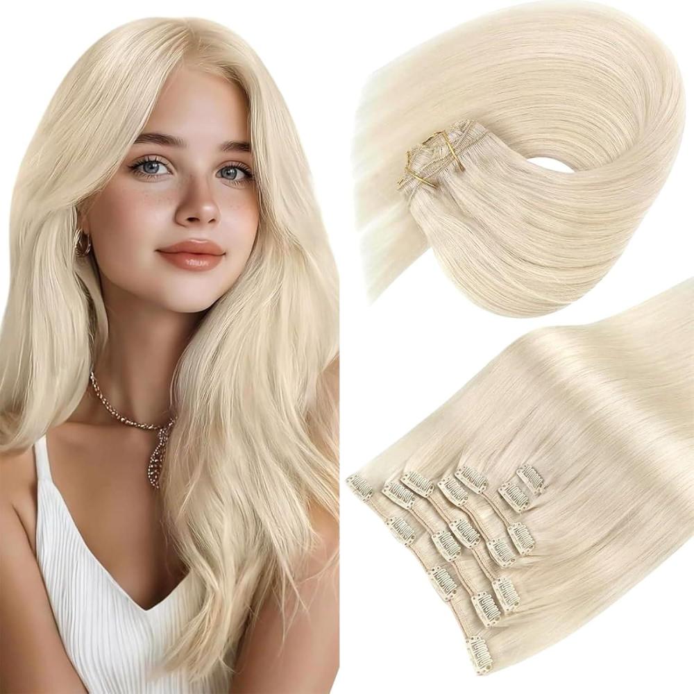 imageSunny Hair Clip in Hair Extensions Real Human Hair 120g Remy Hair Clip in Extensions for Women Human Hair Extensions Black Ombre Brown Balayage Caramel Blonde 24 InchA8 60Platinum Blonde