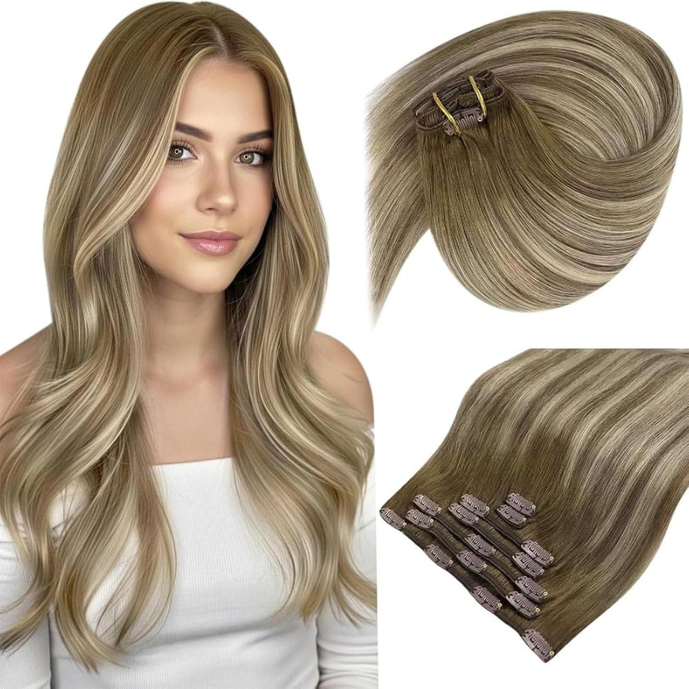 imageSunny Hair Clip in Hair Extensions Real Human Hair 120g Remy Hair Clip in Extensions for Women Human Hair Extensions Black Ombre Brown Balayage Caramel Blonde 24 InchA7 Balayage3822Walnut Brown Mix