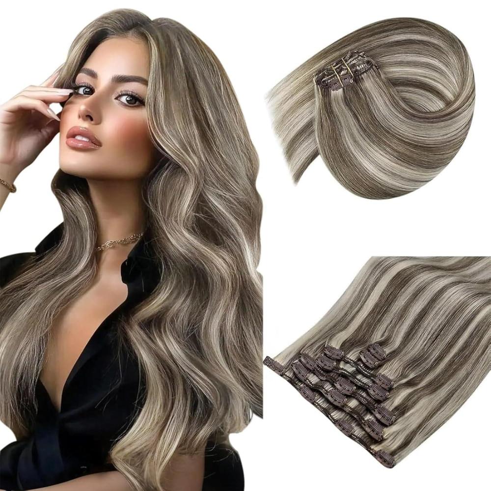 imageSunny Hair Clip in Hair Extensions Real Human Hair 120g Remy Hair Clip in Extensions for Women Human Hair Extensions Black Ombre Brown Balayage Caramel Blonde 24 InchA9 BrownP860Blonde Brown Highlight