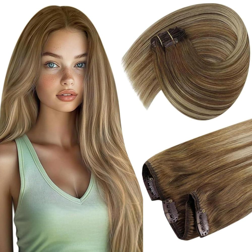 imageSunny Hair Clip in Hair Extensions Real Human Hair 120g Remy Hair Clip in Extensions for Women Human Hair Extensions Ombre Walnut Brown to Light Brown Balayage Blonde 24 InchA7 Balayage6606Chestnut Brown Mix