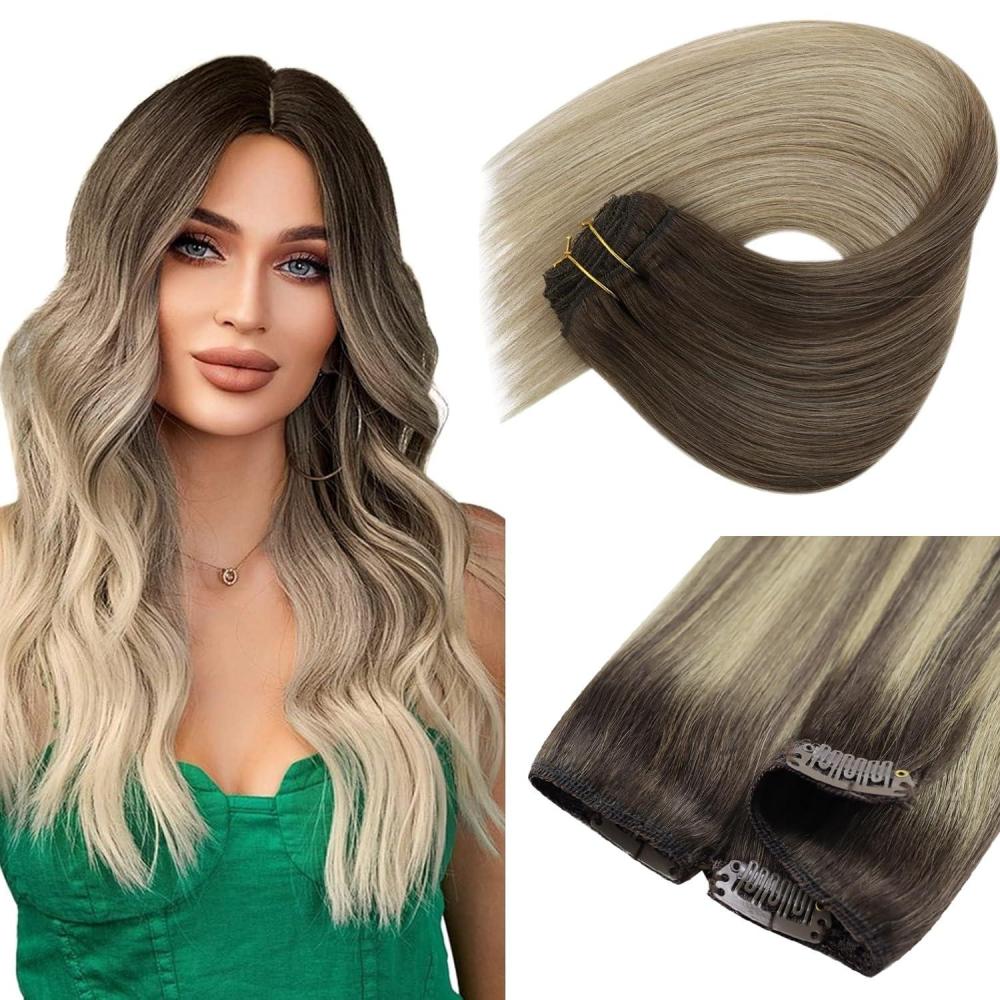 imageSunny Hair Clip in Hair Extensions Real Human Hair 120g Remy Hair Clip in Extensions for Women Human Hair Extensions Ombre Walnut Brown to Light Brown Balayage Blonde 24 InchA8 Ombre41460Brown Roots Blonde Balayage