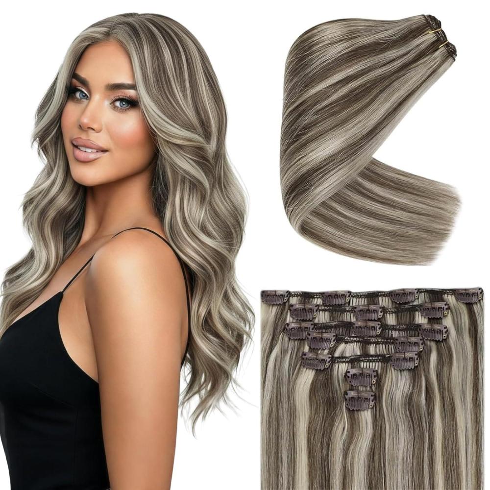 imageVe Sunny Human Hair Clip in Extensions Double Weft Ginger Copper Clip on Hair Extensions for Women Short Hair Extensions Real Human Hair 7pcs 14 Inch 105gClip2 P860 Midnight Frost Blonde