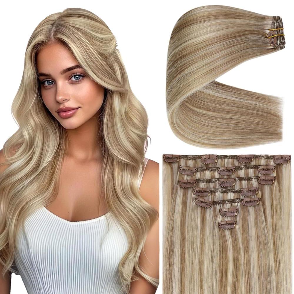 imageVe Sunny Human Hair Clip in Extensions Double Weft Ginger Copper Clip on Hair Extensions for Women Short Hair Extensions Real Human Hair 7pcs 14 Inch 105gClip2 P1060 Morning Sun on Sand