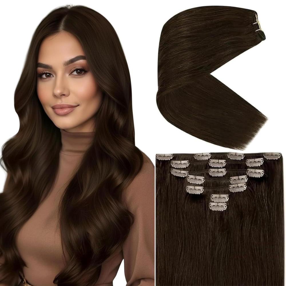 imageVe Sunny Human Hair Clip in Extensions Double Weft Ginger Copper Clip on Hair Extensions for Women Short Hair Extensions Real Human Hair 7pcs 14 Inch 105gClip7 4 Medium Dark Brown