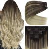 Ve Sunny Human Hair Clip in Extensions Double Weft Ginger Copper Clip on Hair Extensions for Women Short Hair Extensions Real Human Hair 7pcs 14 Inch 105g(Clip-3 #4/14/60 Brown Roots to Radiance Blonde Balayage)