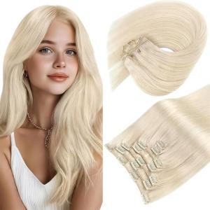 Sunny Hair Clip in Hair Extensions Real Human Hair 120g Remy Hair Clip in Extensions for Women Human Hair Extensions Ombre Walnut Brown to Light Brown Balayage Blonde 24 Inch(A-8 #60-Platinum Blonde)