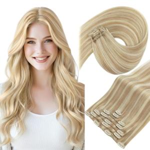 Sunny Hair Clip in Hair Extensions Real Human Hair 120g Remy Hair Clip in Extensions for Women Human Hair Extensions Ombre Walnut Brown to Light Brown Balayage Blonde 24 Inch(A-2 #Blonde-P27/613-Honey Blonde Highlight)