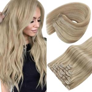 Sunny Hair Clip in Hair Extensions Real Human Hair 120g Remy Hair Clip in Extensions for Women Human Hair Extensions Ombre Walnut Brown to Light Brown Balayage Blonde 24 Inch(A-1 #P16/22-Golden Blonde Highlights)