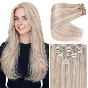 Ve Sunny Human Hair Clip in Extensions Double Weft Ginger Copper Clip on Hair Extensions for Women Short Hair Extensions Real Human Hair 7pcs 14 Inch 105g(Clip-6 #P18A/613 Powder Snow Ash Glow)