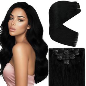 Ve Sunny Human Hair Clip in Extensions Double Weft Ginger Copper Clip on Hair Extensions for Women Short Hair Extensions Real Human Hair 7pcs 14 Inch 105g(Clip-9 #1 Starless Night Jet Black)