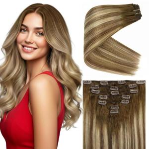 Ve Sunny Human Hair Clip in Extensions Double Weft Ginger Copper Clip on Hair Extensions for Women Short Hair Extensions Real Human Hair 7pcs 14 Inch 105g(Clip-1 #6/60/6 Sunset Grove Chestnut Mix Platinum)