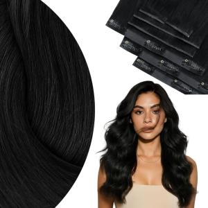 Ve Sunny Human Hair Clip in Extensions Double Weft Ginger Copper Clip on Hair Extensions for Women Short Hair Extensions Real Human Hair 7pcs 14 Inch 105g(Clip-9 #1B Natural Black)