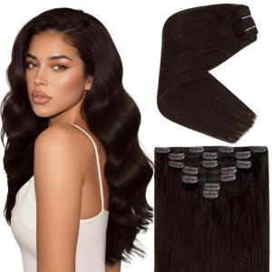 Ve Sunny Human Hair Clip in Extensions Double Weft Ginger Copper Clip on Hair Extensions for Women Short Hair Extensions Real Human Hair 7pcs 14 Inch 105g(Clip-8 #2 Natural Dark Brown)