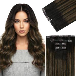 Ve Sunny Human Hair Clip in Extensions Double Weft Ginger Copper Clip on Hair Extensions for Women Short Hair Extensions Real Human Hair 7pcs 14 Inch 105g(Seamless-Clip-2 #2/2/6 Dark Brown Mix Chestnut Brown)