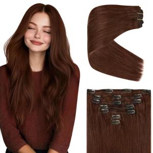 Ve Sunny Human Hair Clip in Extensions Double Weft Ginger Copper Clip on Hair Extensions for Women Short Hair Extensions Real Human Hair 7pcs 14 Inch 105g(Clip-8 #33 Dark Auburn Red)
