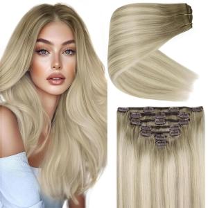 Ve Sunny Human Hair Clip in Extensions Double Weft Ginger Copper Clip on Hair Extensions for Women Short Hair Extensions Real Human Hair 7pcs 14 Inch 105g(Clip-4 #SUN Arctic Haze Blonde)