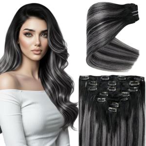 Ve Sunny Human Hair Clip in Extensions Double Weft Ginger Copper Clip on Hair Extensions for Women Short Hair Extensions Real Human Hair 7pcs 14 Inch 105g(Clip-9 #1B/Silver/1B Black Balayage Void Silver)