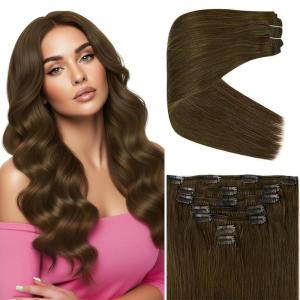 Ve Sunny Human Hair Clip in Extensions Double Weft Ginger Copper Clip on Hair Extensions for Women Short Hair Extensions Real Human Hair 7pcs 14 Inch 105g(Clip-7 #3 Misty Dawn Ash Brown)