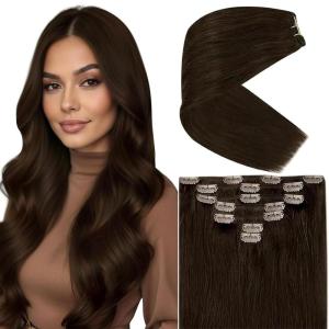 Ve Sunny Human Hair Clip in Extensions Double Weft Ginger Copper Clip on Hair Extensions for Women Short Hair Extensions Real Human Hair 7pcs 14 Inch 105g(Clip-7 #4 Medium Dark Brown)