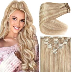 Ve Sunny Human Hair Clip in Extensions Double Weft Ginger Copper Clip on Hair Extensions for Women Short Hair Extensions Real Human Hair 7pcs 14 Inch 105g(Clip-2 #P18/613 Honeyed Strawberry Ash)